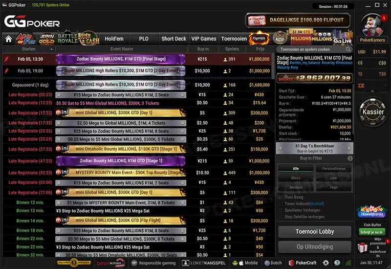 GGPoker NL MILLION$- Scherm 1