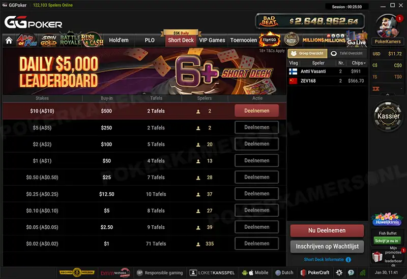 GGPoker NL Short Deck - Scherm 1