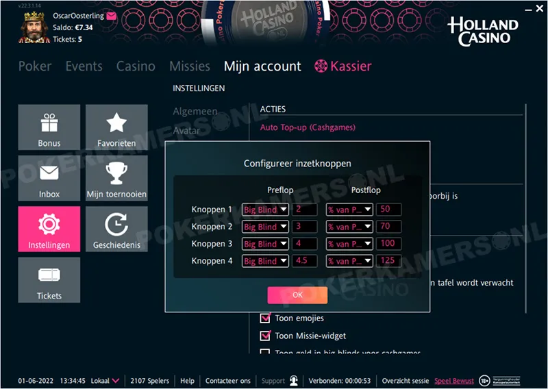 Holland Casino Poker Instellingen - Configureer inzetknoppen
