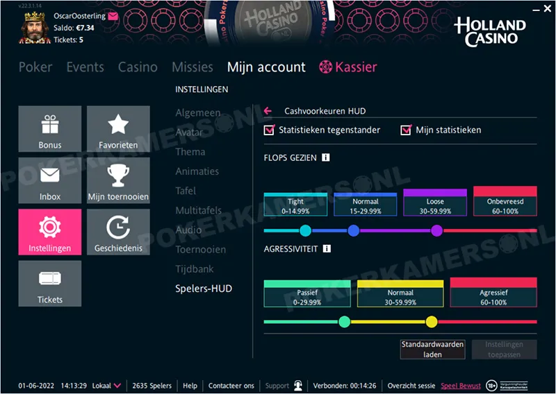 Holland Casino Poker Instellingen - HUD Cashvoorkeuren