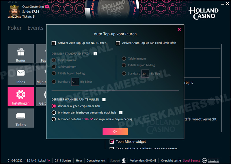 Holland Casino Poker Instellingen - Auto Top-up
